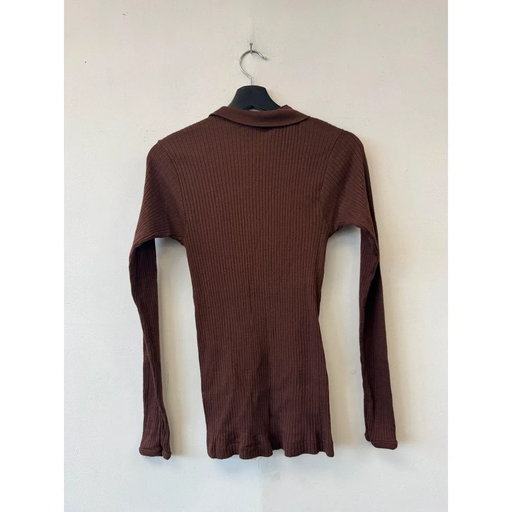 Vintage‎ Style Center Sweater Womens XS Brown Lace Up Henley Ribbed Knit 60s - Picture 3 of 6